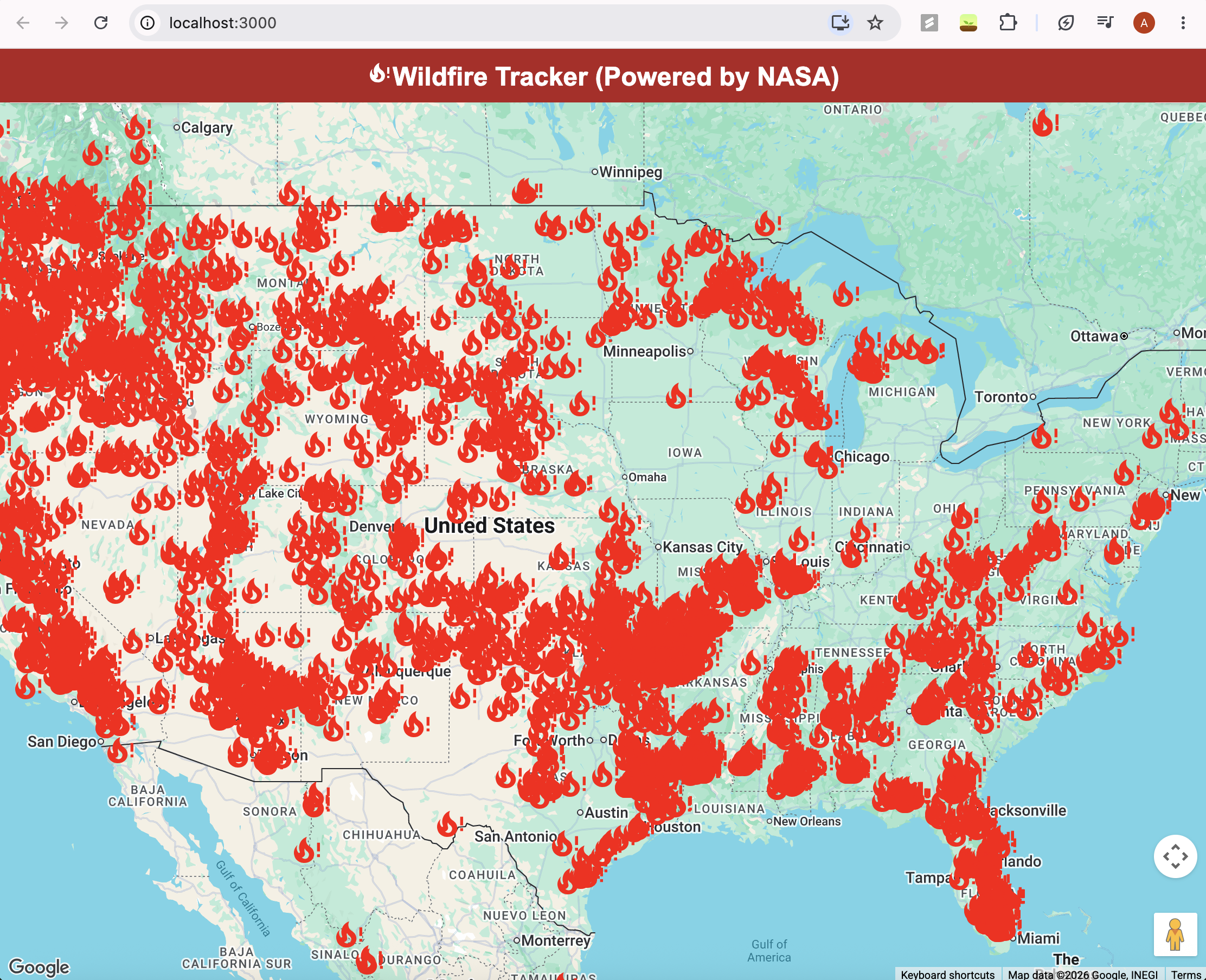 Screenshot from wildfire tracker UI